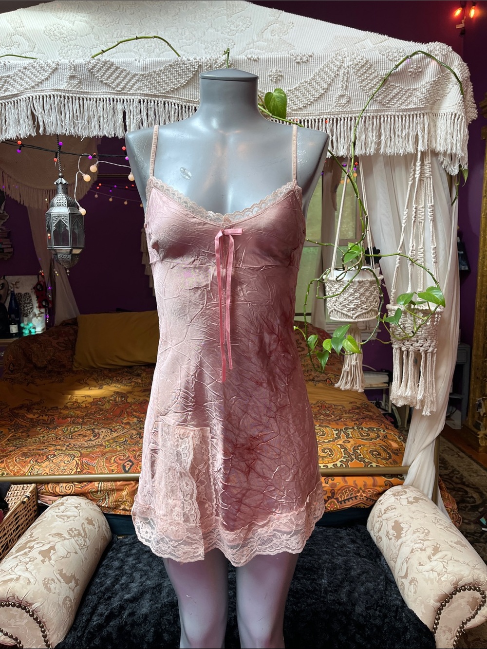 Vintage Grunge Coquette tie dye lace trim babydoll mini slip dress